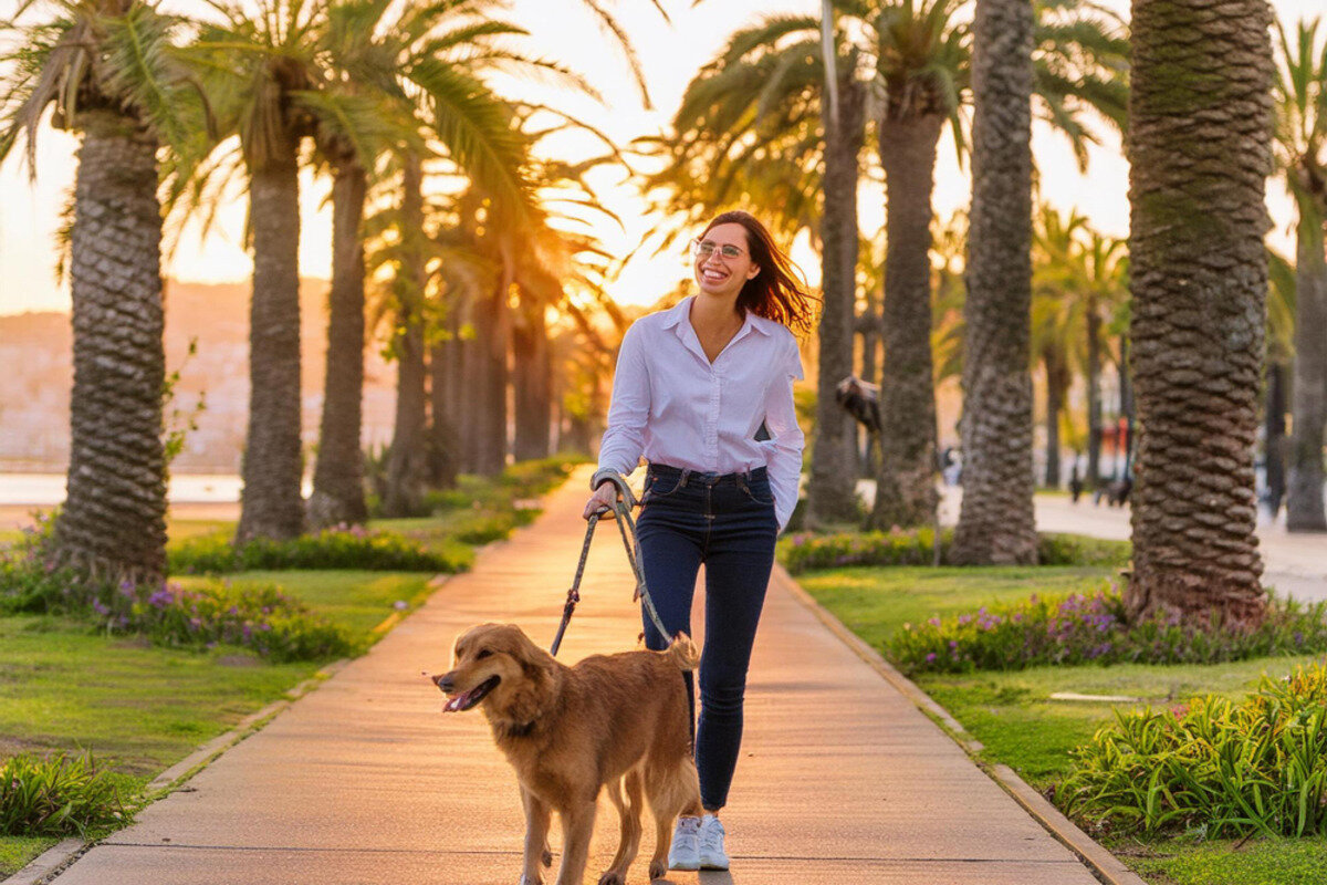 köpek gezdiren ve gülümseyen kadın