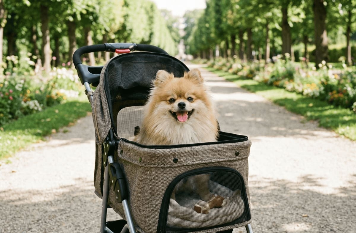 parkta çekmeli köpek arabasında oturan küçük ırk köpek