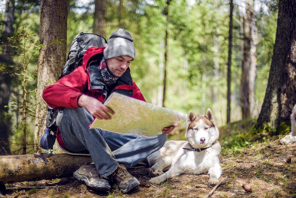 doğada köpeği ile oturan kampçı