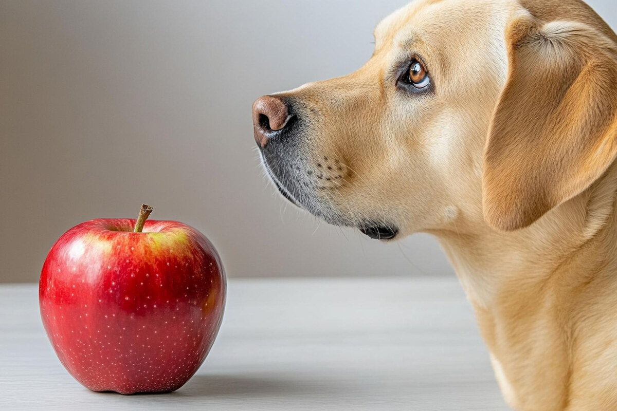 kocaman bir kırmızı elmayla yan yana duran bej rengi tüylere sahip köpek