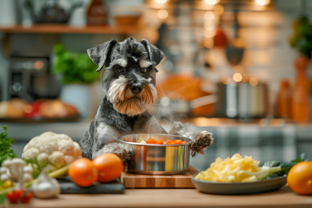 sebzelerle dolu mutfak tezgahında duran köpek