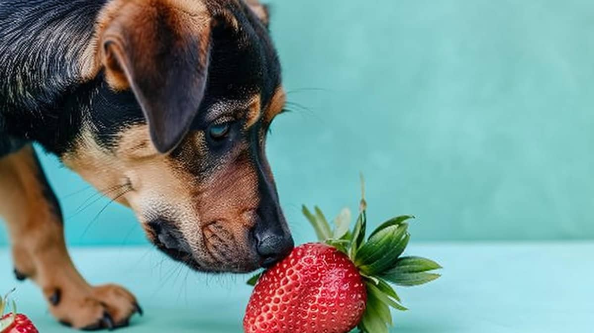 çilek koklayan, siyah ve kahverengi tüylere sahip köpek