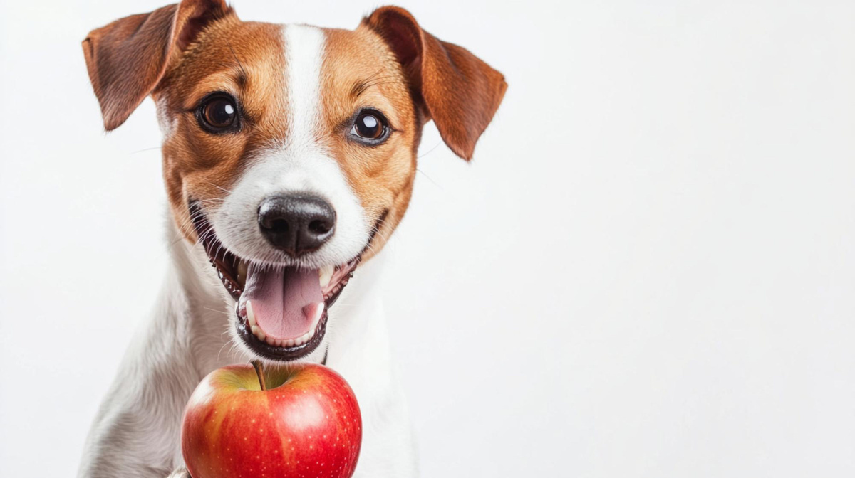 kırmızı bir elmaya mutlulukla bakan Jack Russel ırkı köpek