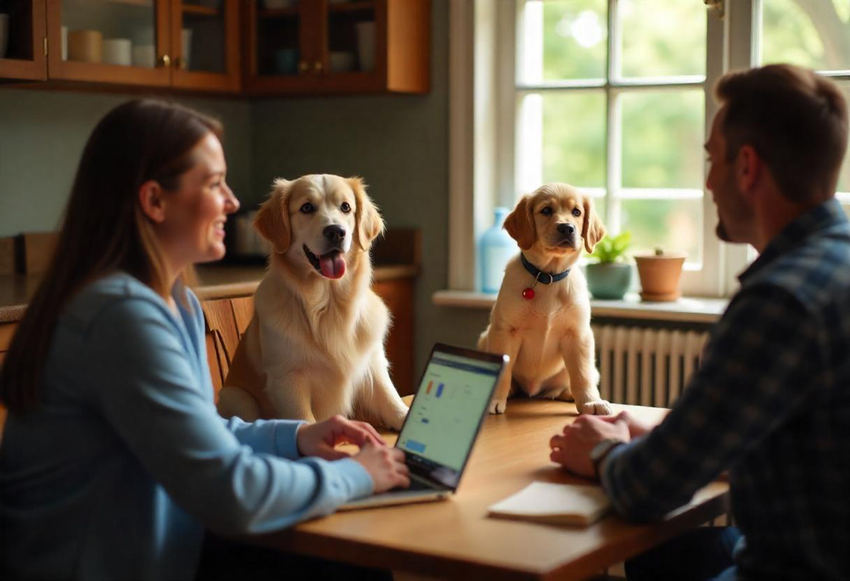 masa etrafında yetişkin ve yavru köpek ile kadın ve erkek oturuyor