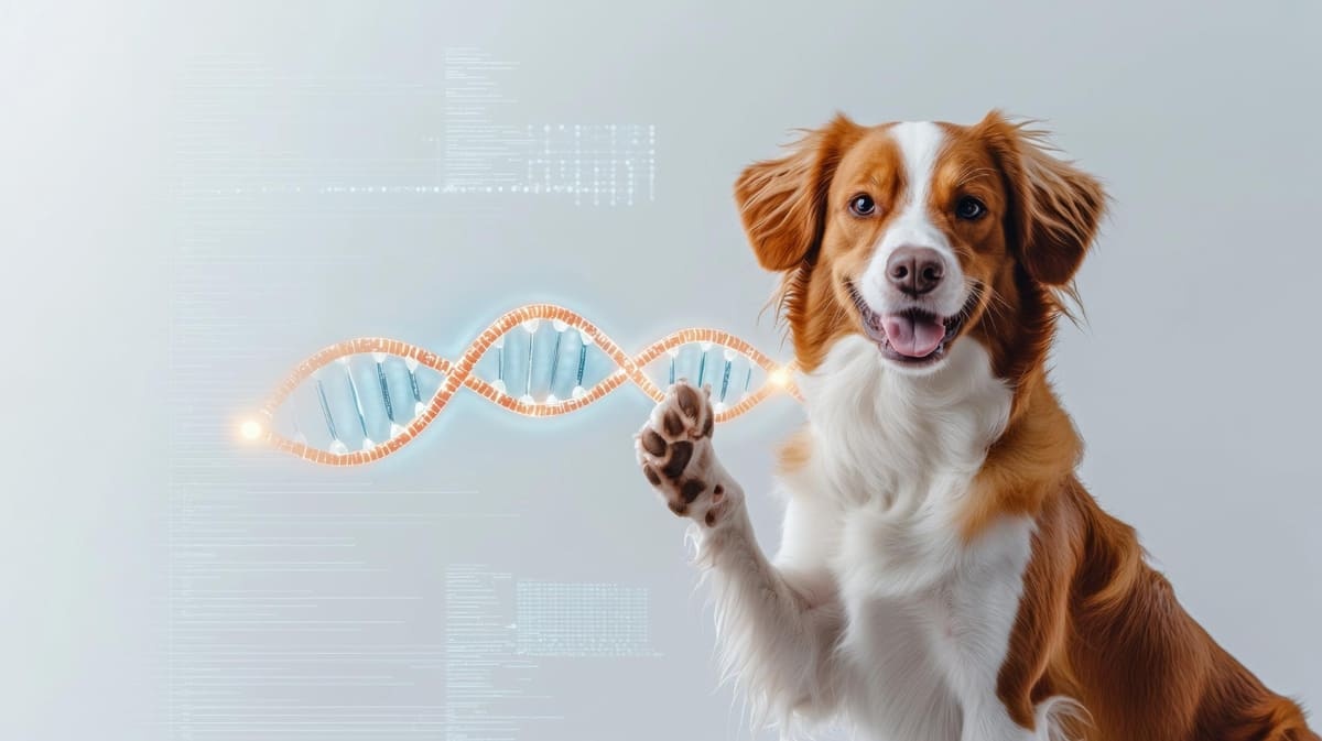 dna sarmalının olduğu ekrana patisiyle dokunan köpek