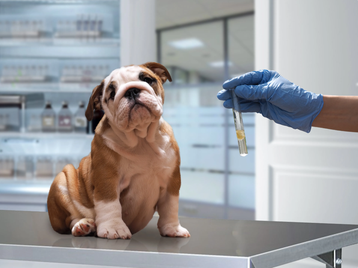 laboratuarda sedyede oturan köpek