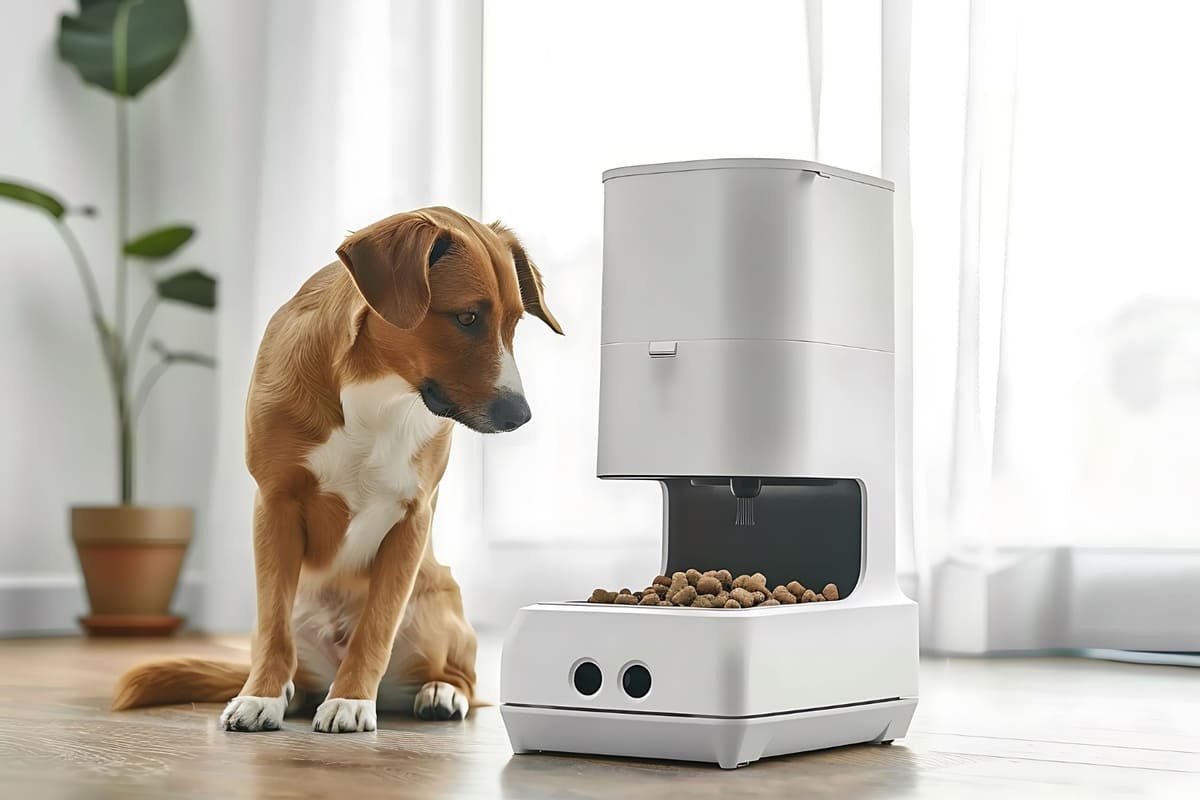 otomatik mama kabının yanında duran köpek