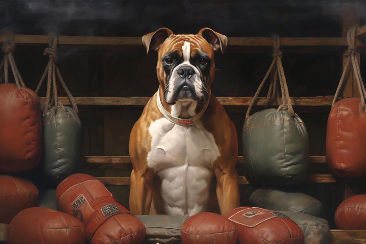 Boxer cinsi kaslı köpek ve arkasında kum torbaları