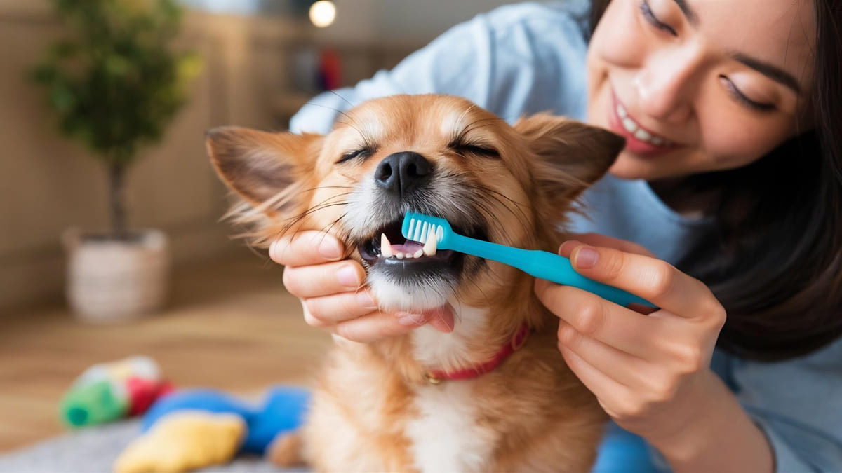 dişleri fırçalanan köpek