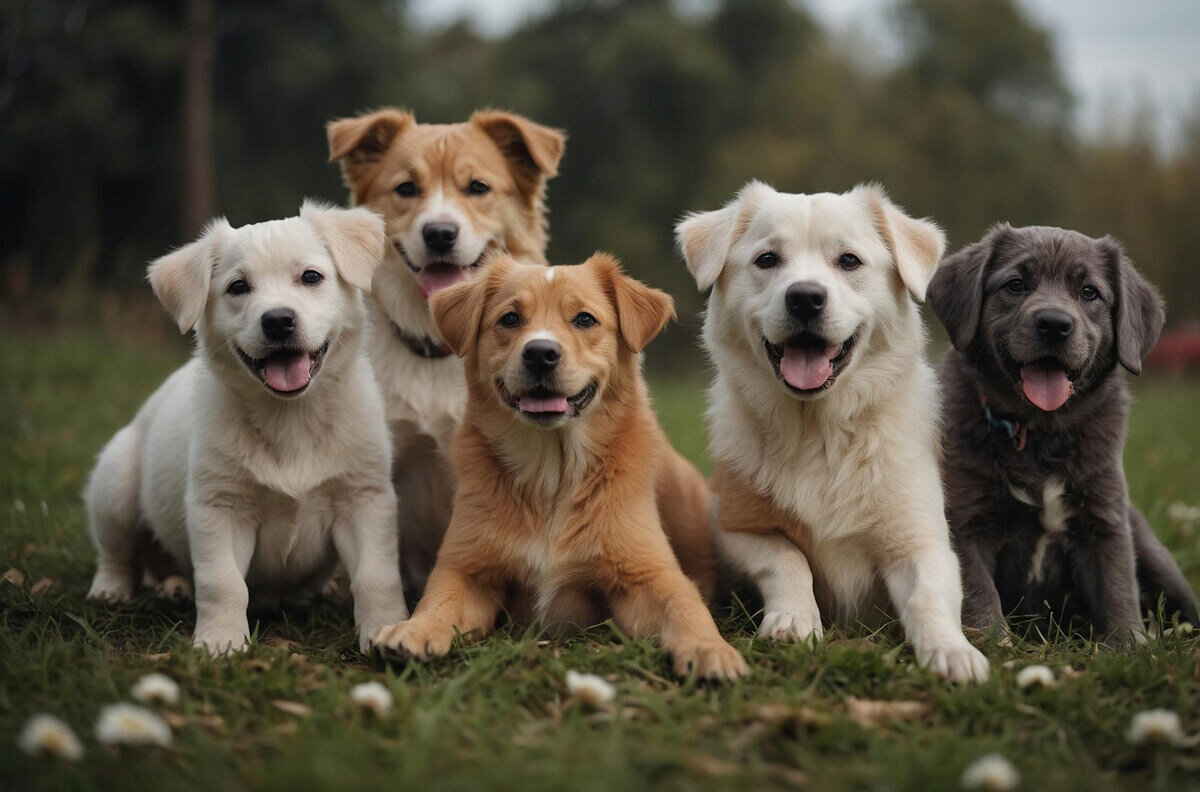 beş tane aynı ırk, farklı renklerde köpek yan yana oturuyor