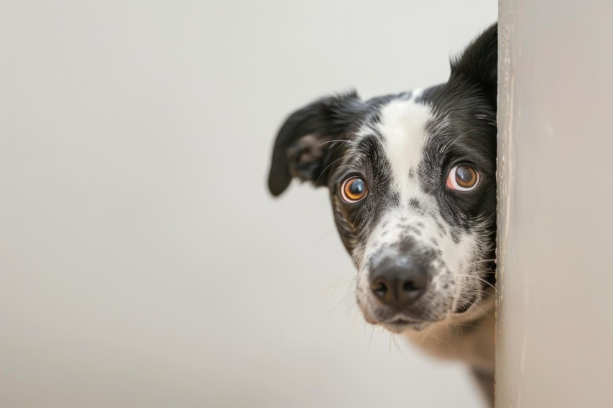 duvarın arkasından meraklı bakan siyah beyaz köpek