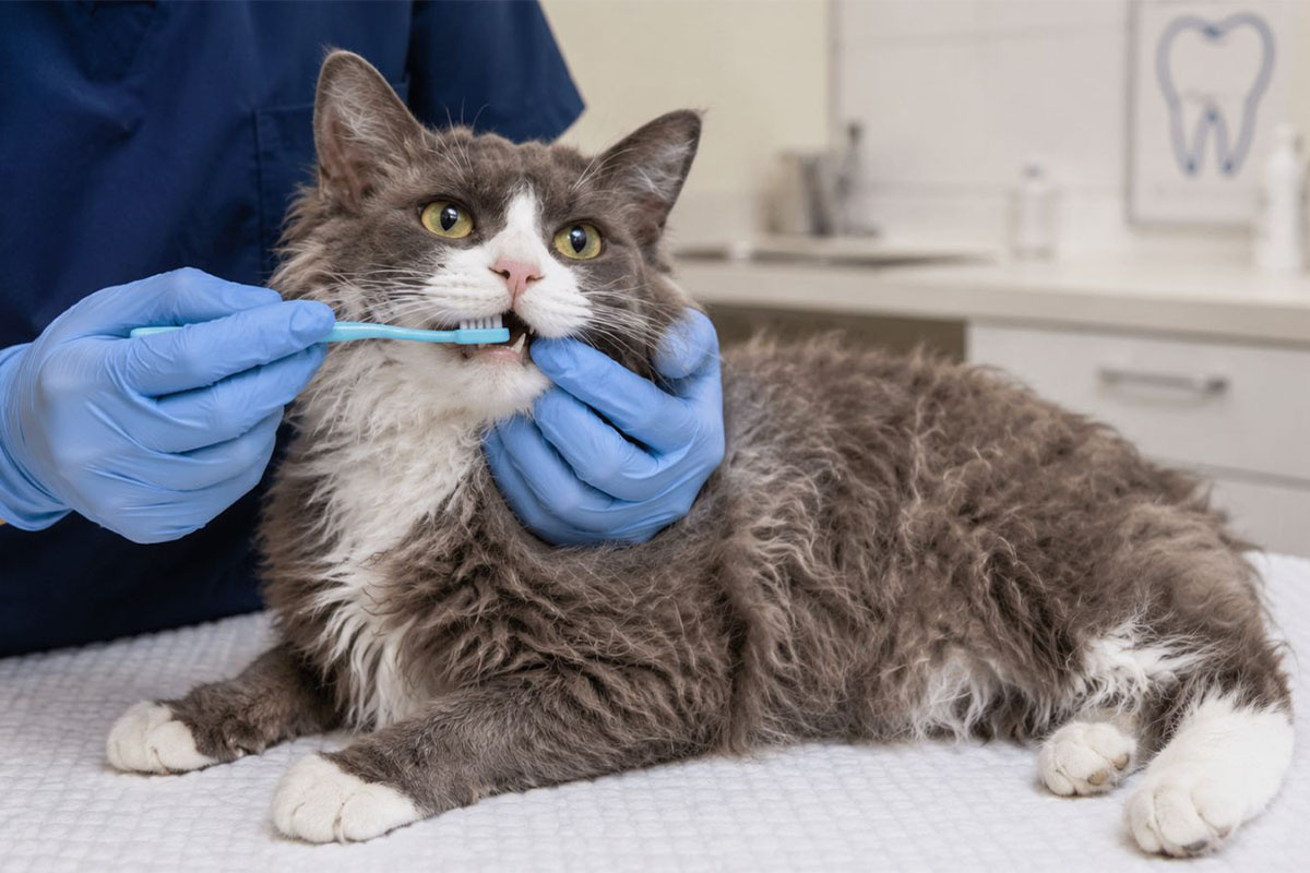 dişleri fırçalanan kedi