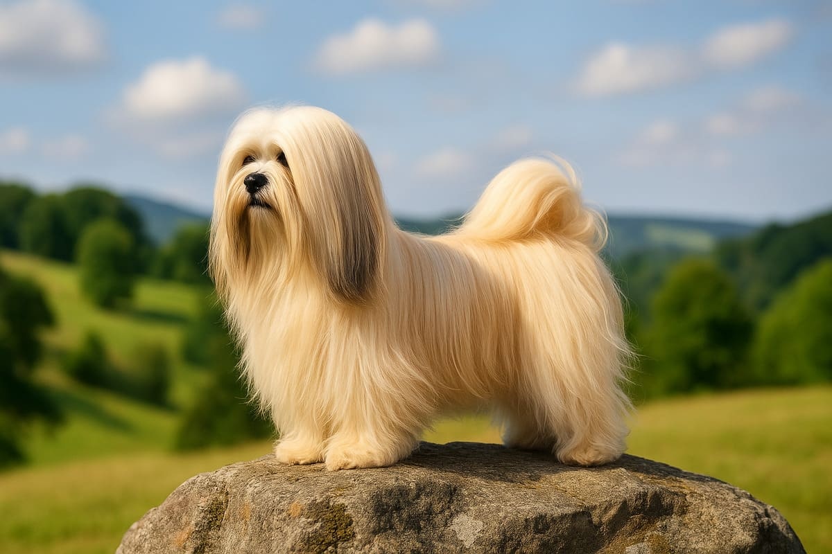 Kayanın üzerinde duran uzun tüylü küçük ırk köpek