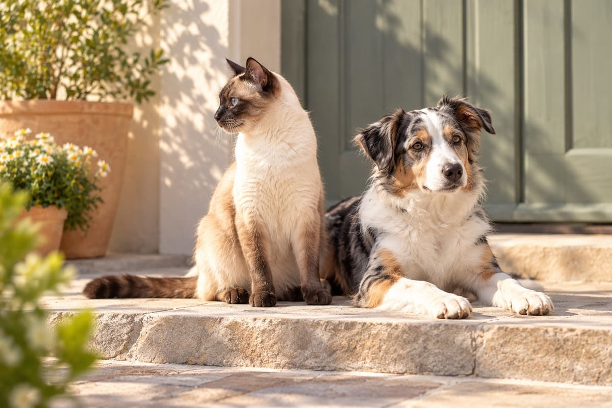 kapının önünde oturan siyam kedisi ve yanında yatan köpek