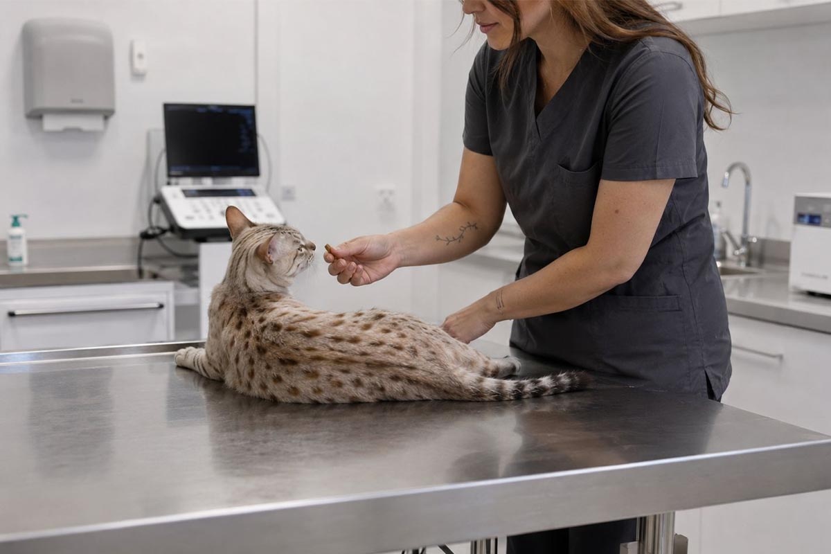 veteriner hekimin ödül uzattığı kedi