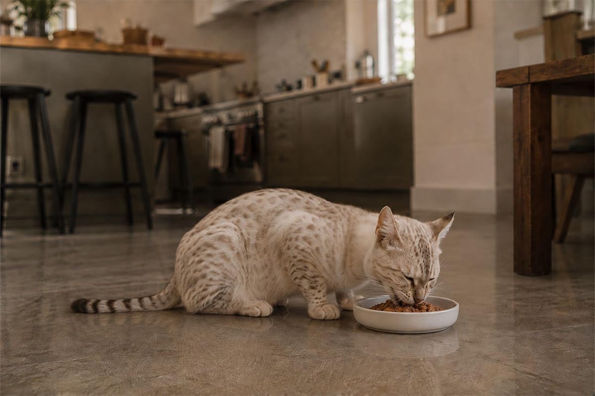 mutfakta zeminde mama yiyen kedi