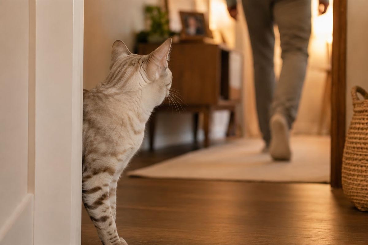 koridorda yürüyen adamın arkasından bakan kedi