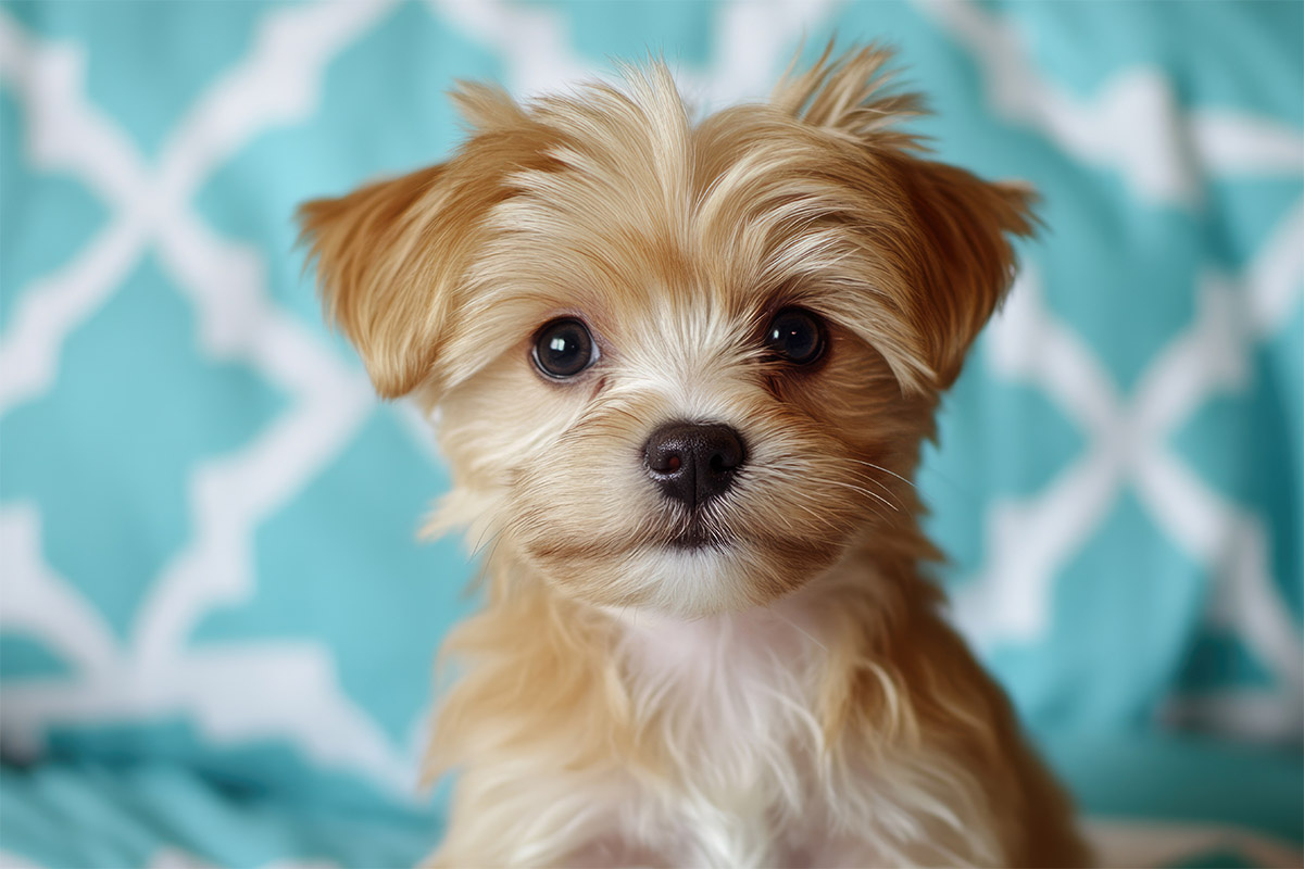 kadraja bakan küçük ırk köpek beyaz kahve bej tonlarında tüylere sahip