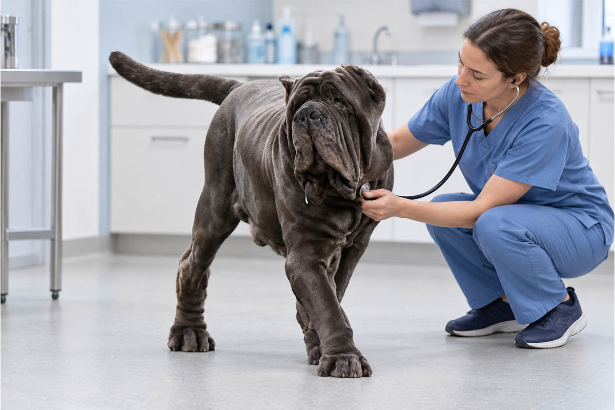 veteriner hekim tarafından muayene edilen napoli mastif köpeği