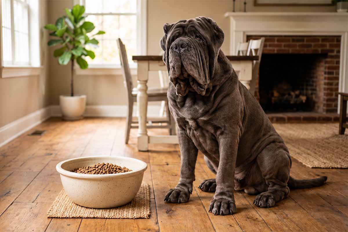 önünde mama kabı olan gri, sarkık derili, büyük köpek