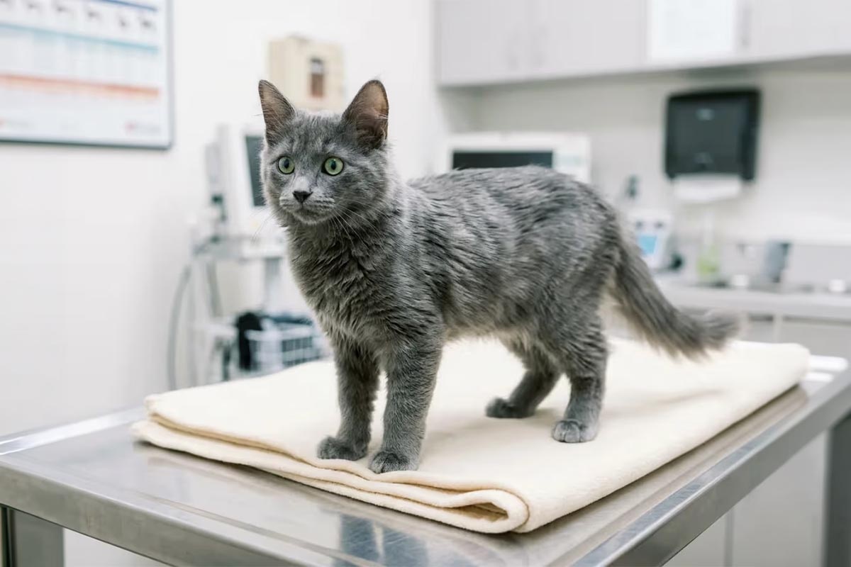 veteriner kliniğinde masa üzerinde duran yavru gri kedi