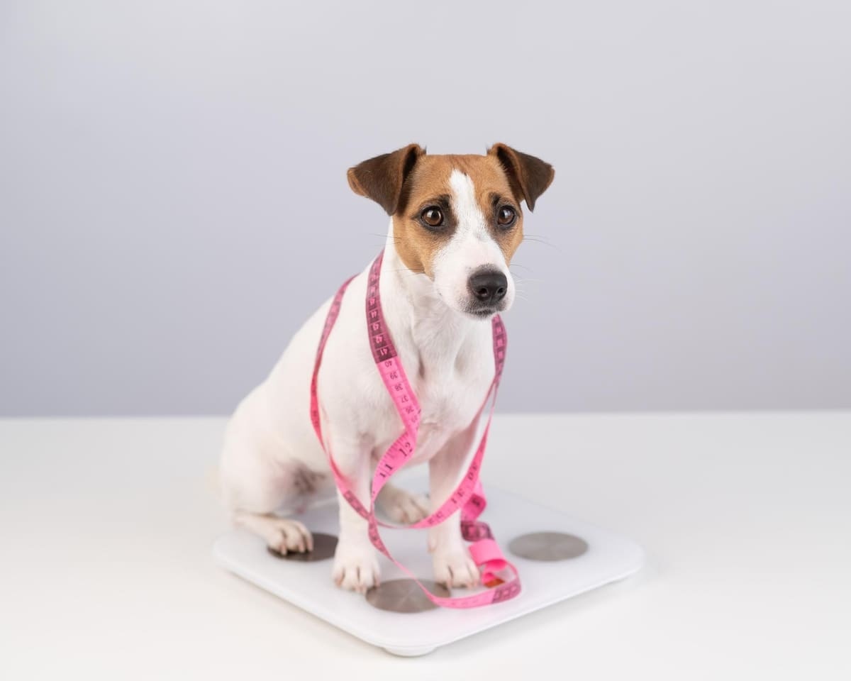 tartı üzerinde mezura ile duran köpek