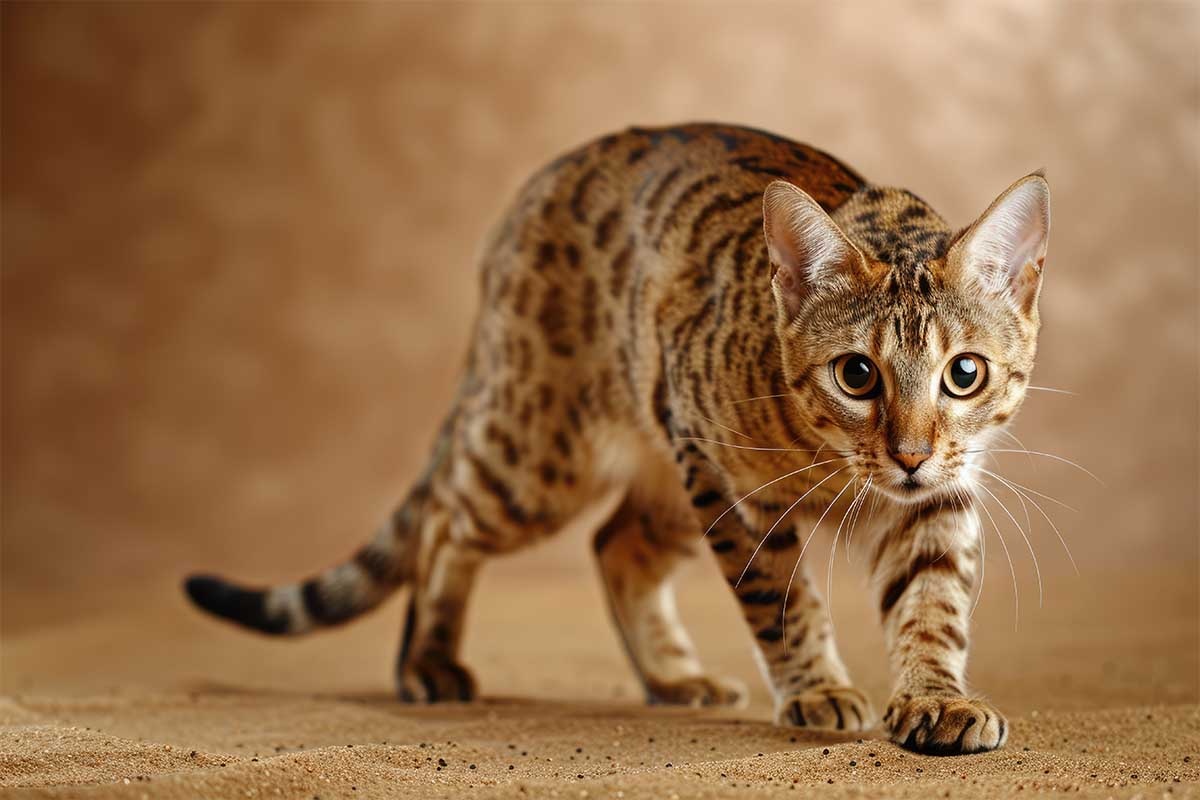 kumun üzerinde dikkatli yürüyen ocicat