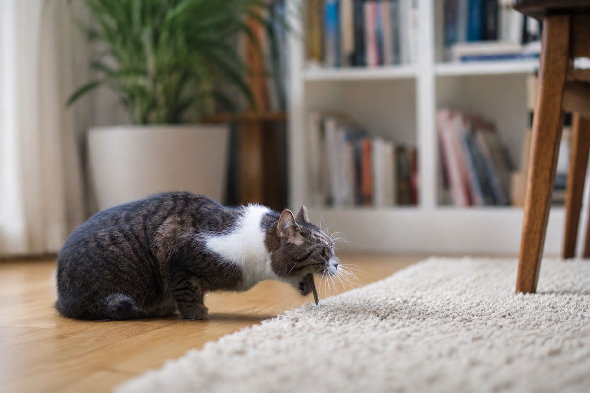 halının üzerine eğilen ve kusmak üzere olan kedi