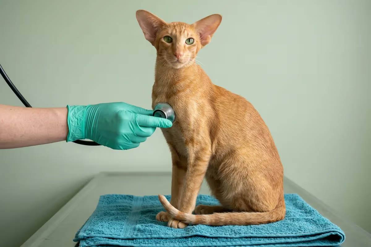 mavi havlu üzerinde duran sarman görünümlü büyük kulaklı yeşil gözlü kedi