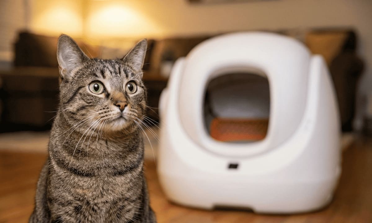 otomatik kedi tuvaletinin önünde duran tekir