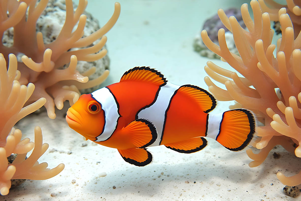 beyaz kumlu zeminde anemonların arasında duran palyaço balığı