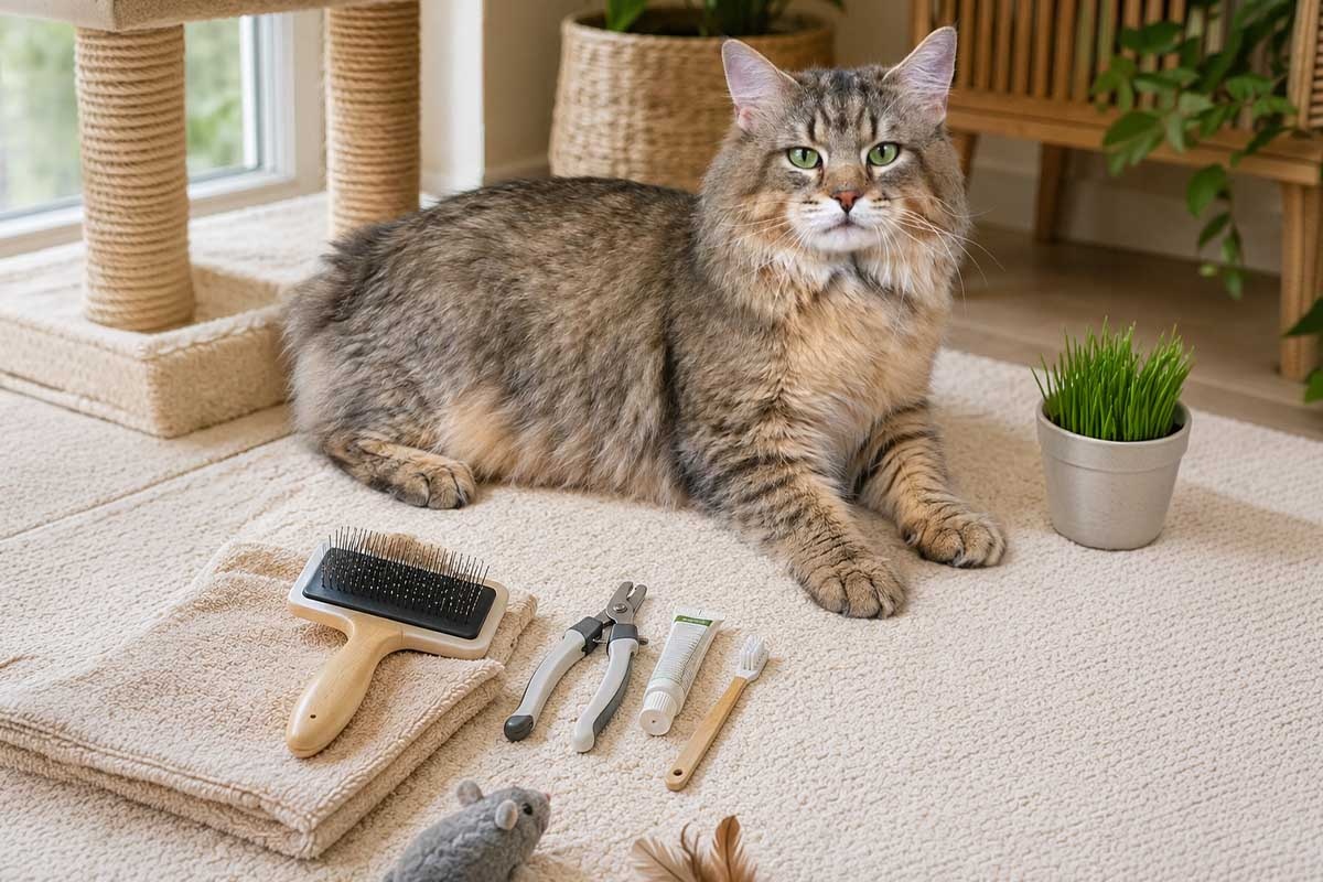 bakım ürünlerinin yanında duran uzun tüylü kuyruksuz kedi