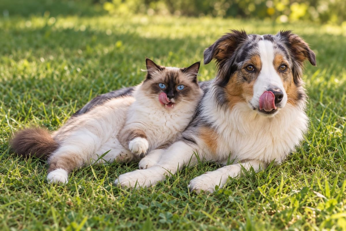 çimlerde yan yana yatan dili dışarıda kedi ve köpek