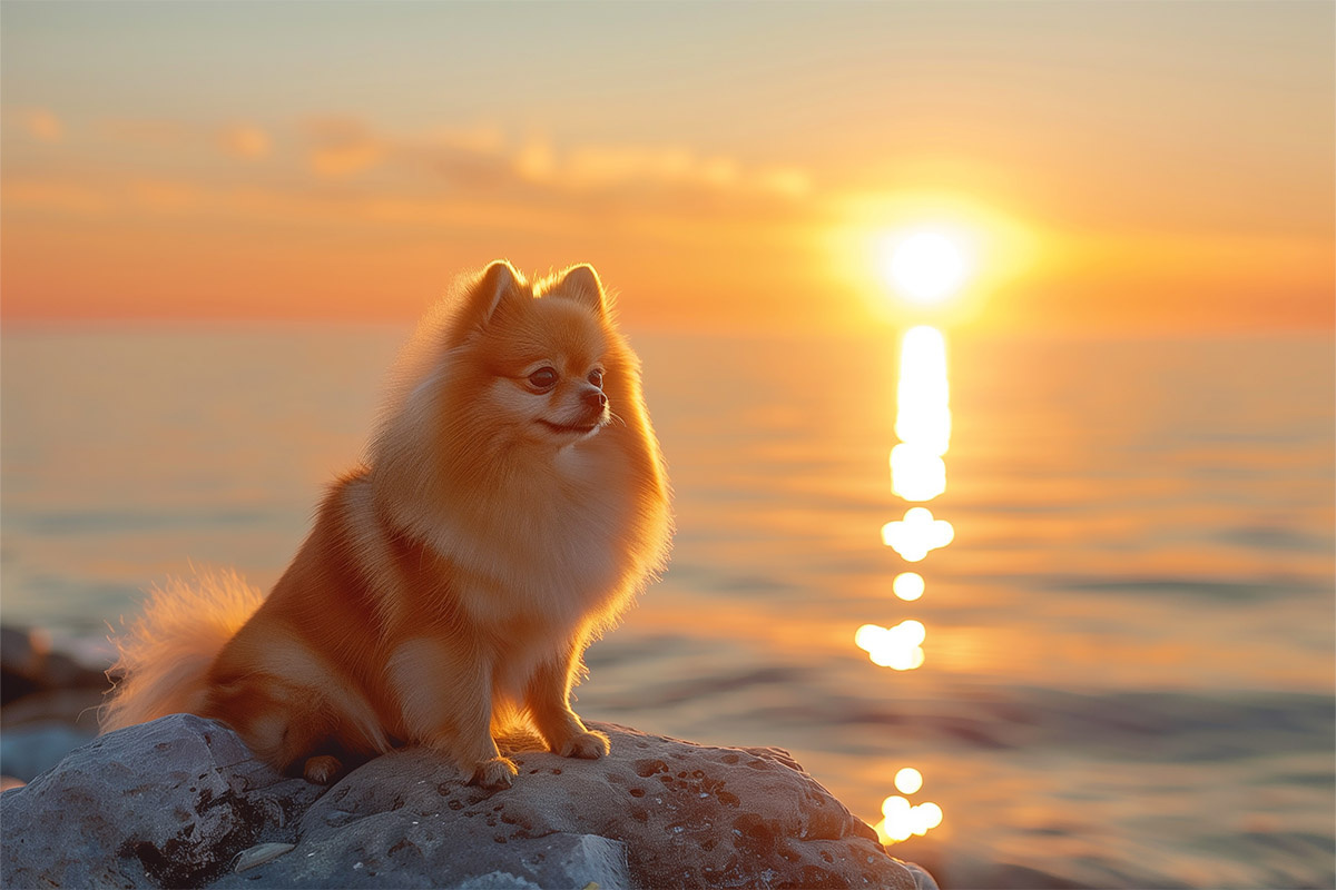 günbatımı manzarasında oturan küçük ırk köpek