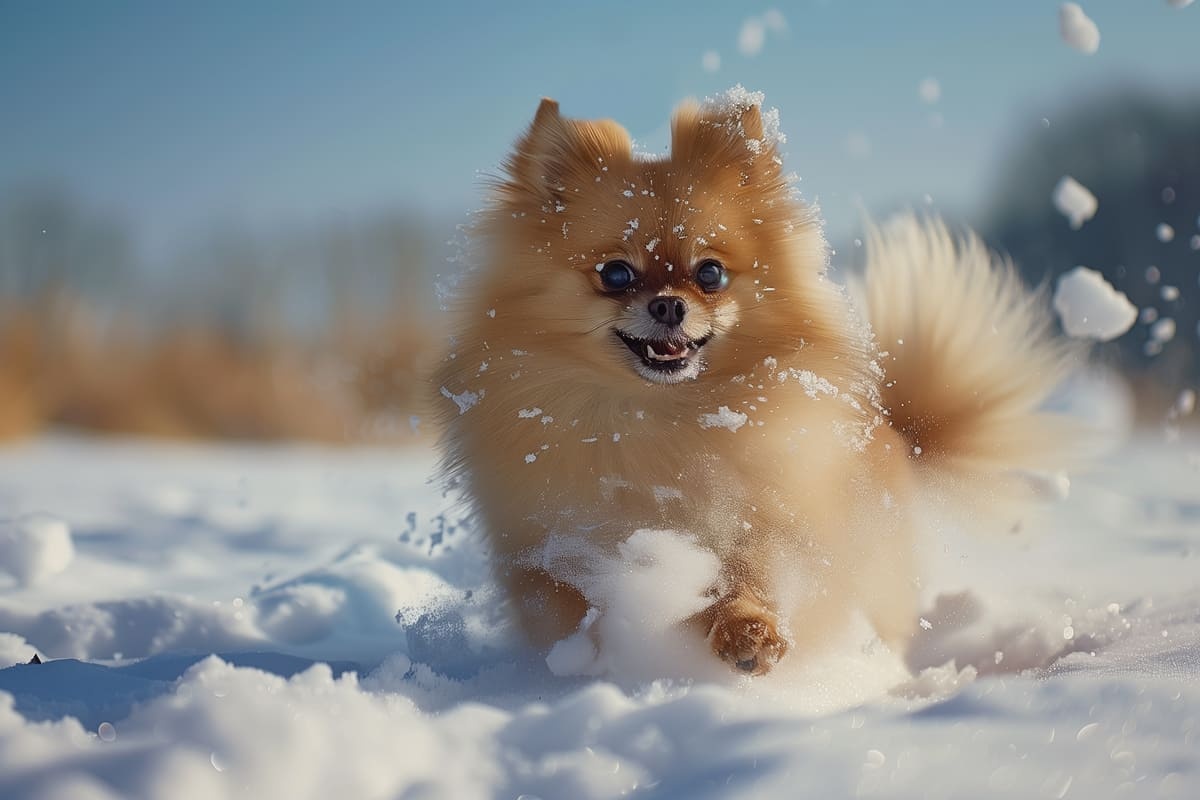 karda koşan Pomeranian ırkı köpek