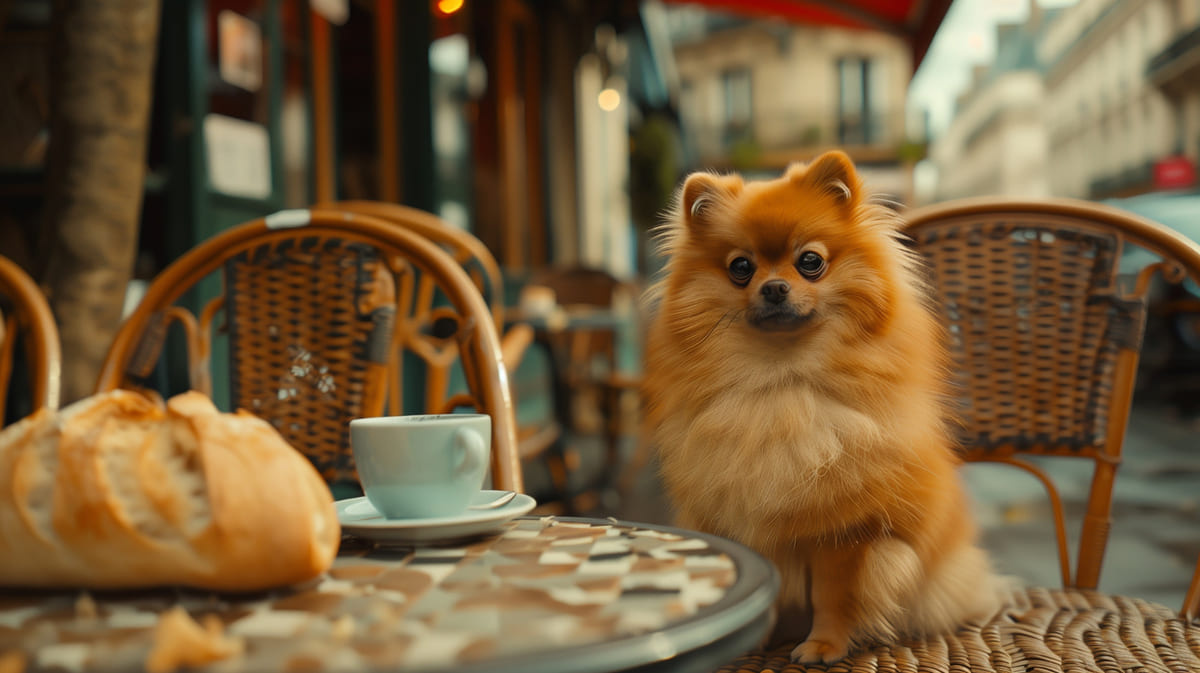 yemek masasında oturan Pomeranian ırkı köpek