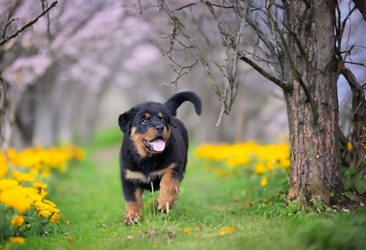 dışarıda çimlerin üzerinde dolaşan yavru rottweiler