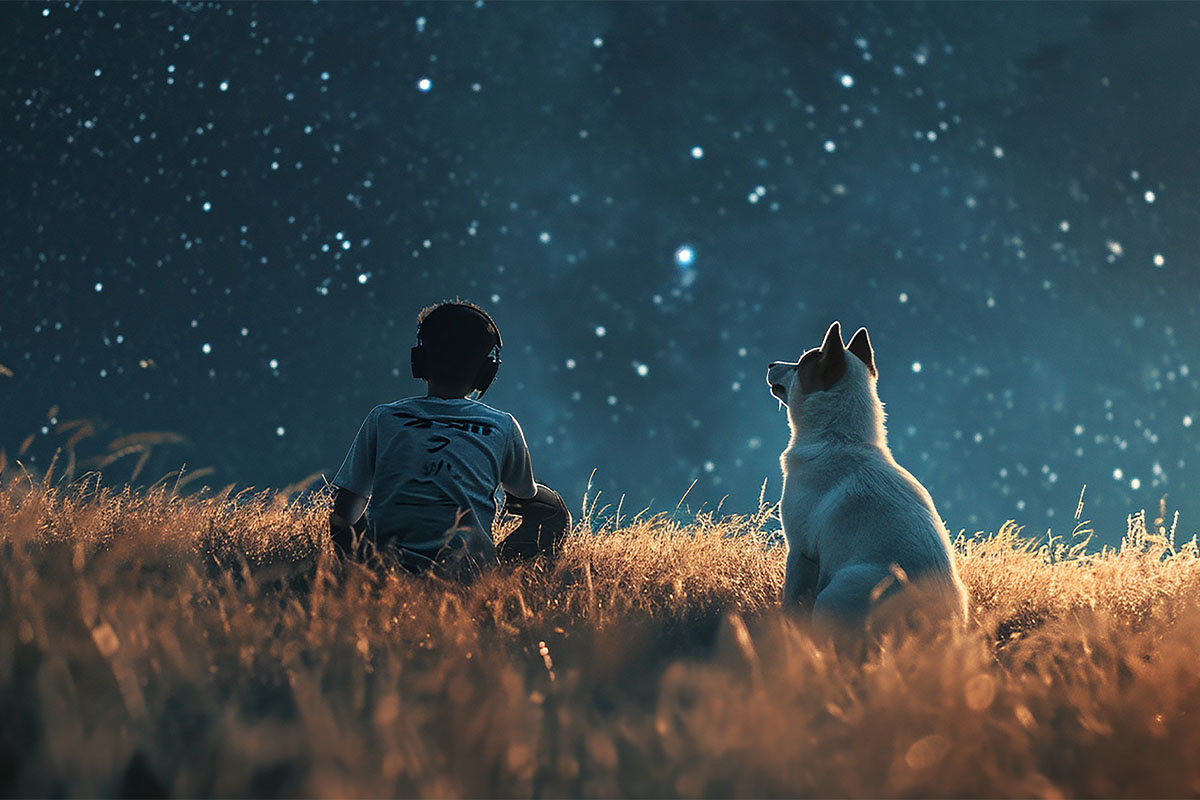yıldızları izleyen çocuk ve köpek