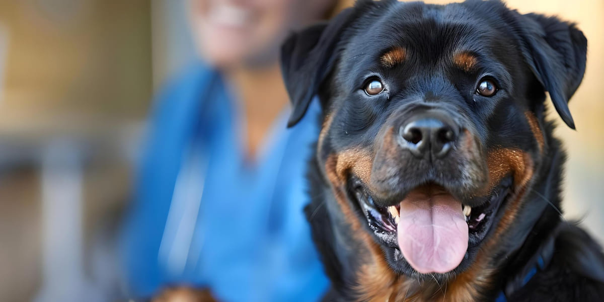 veteriner kliniğinde bekeleyn Rottweiler ırkı köpek