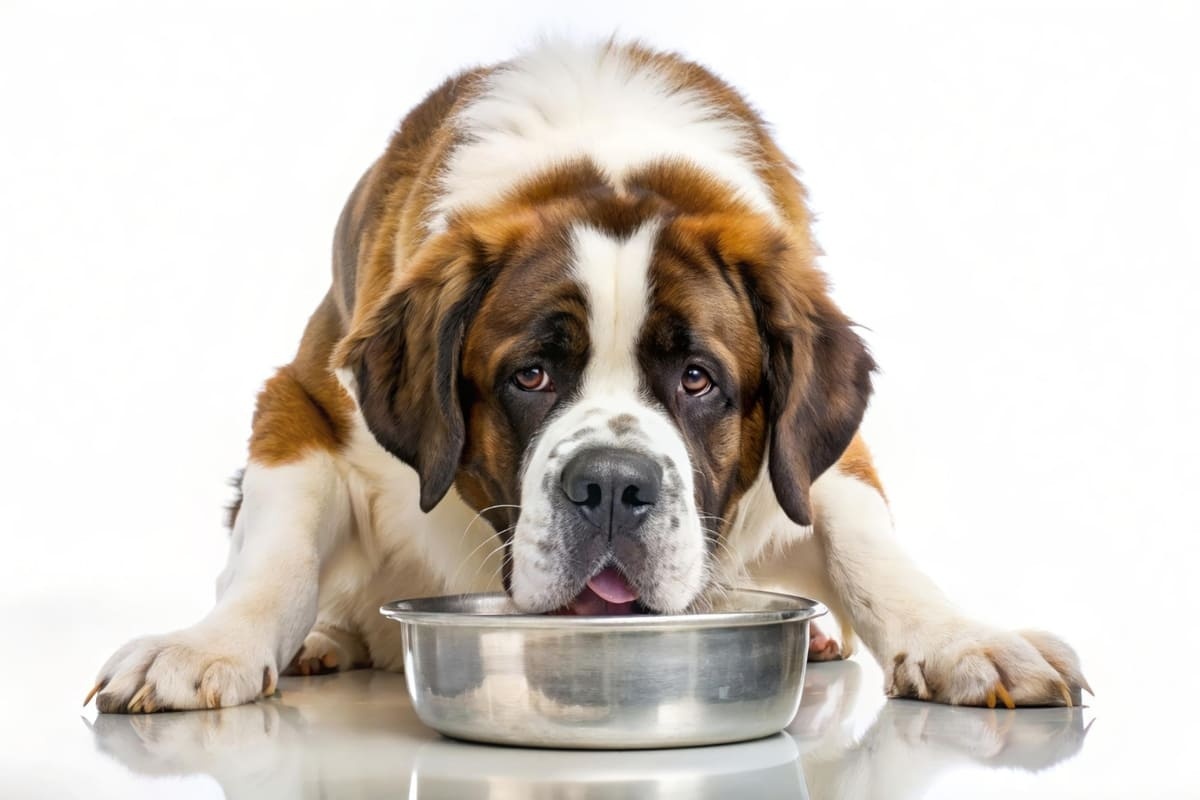 mama kabına eğilmiş Saint Bernard ırkı köpek