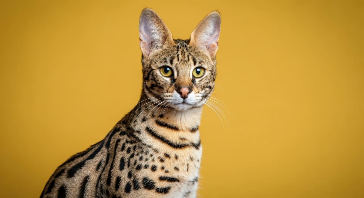 sarı arka fonda merakla bakan Savanna kedi ırkı