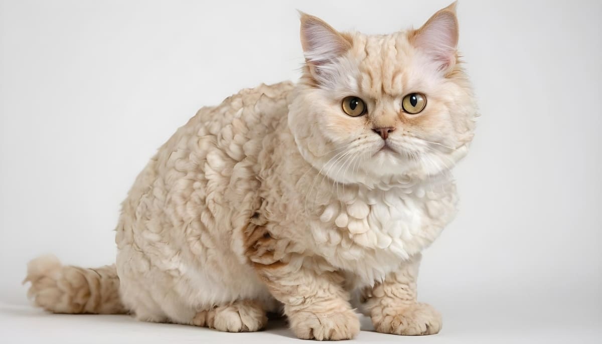 Açık renkli tüyleri olan Selkirk Rex kedisi