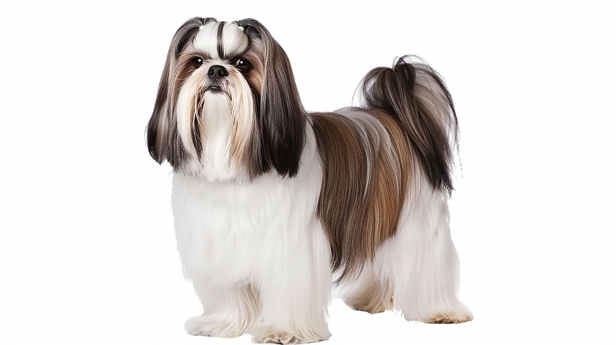ayakta duran uzun tüylü küçük ırk köpek