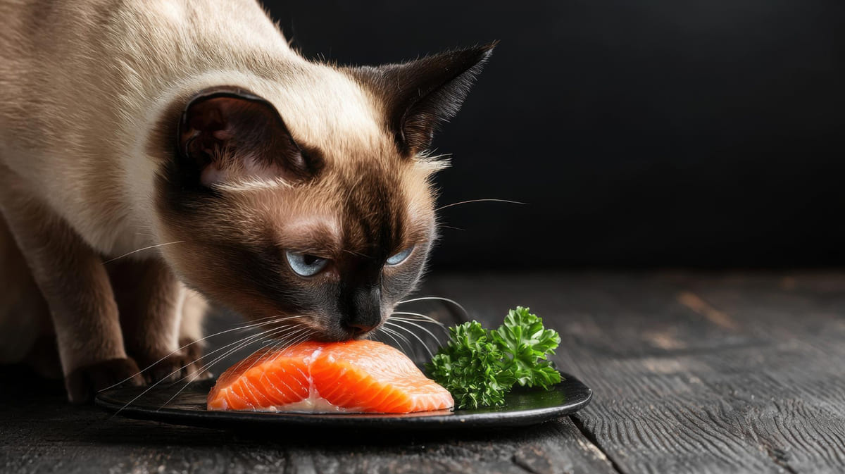 tabaktaki somonu koklayan siyam kedisi