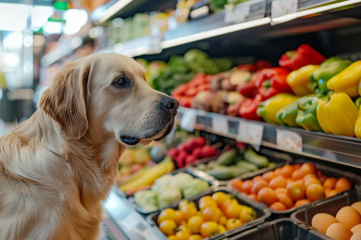 markette sebze reyonunun önünde duran tasmasız Golden Retriever