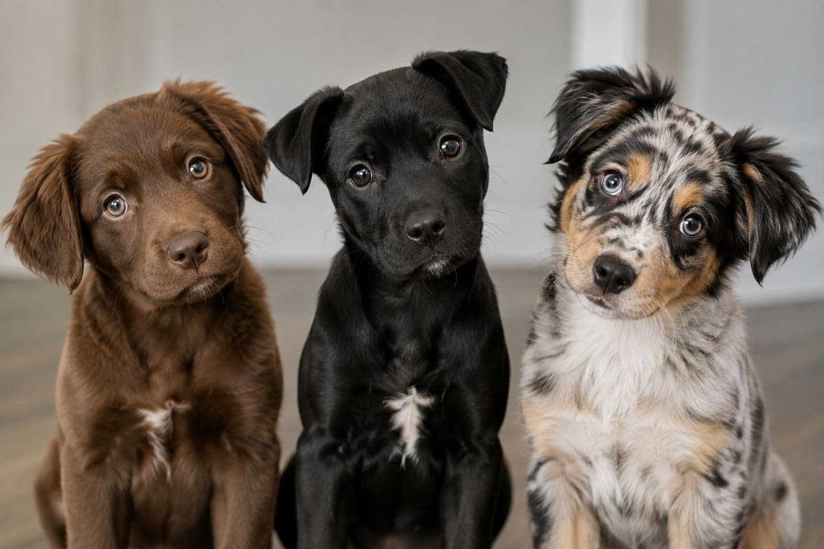 kahverengi siyah ve çok renkli tüylere sahip üç yavru köpek yan yana oturmuş