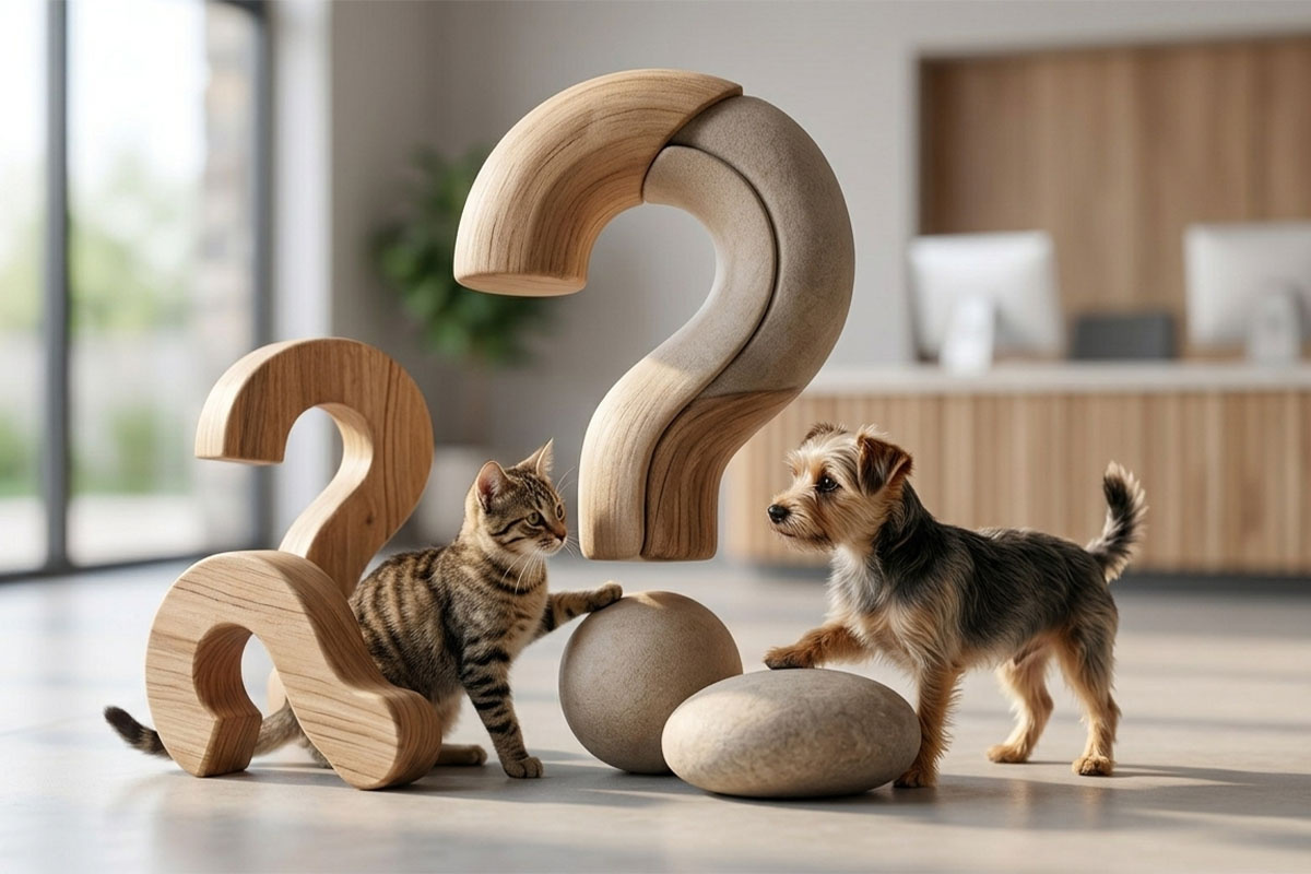 soru işaretine pati dayayan kedi ve köpek