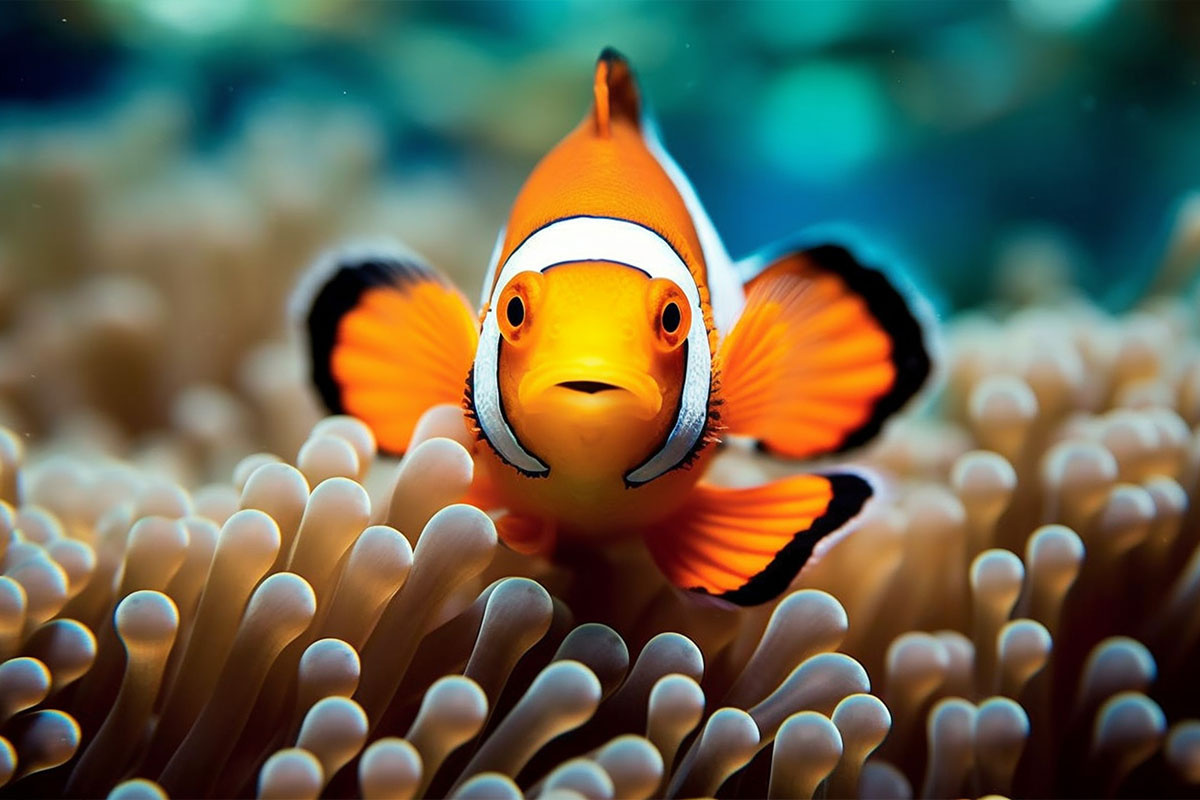 Palyaço balığı anemonların üzerinde 