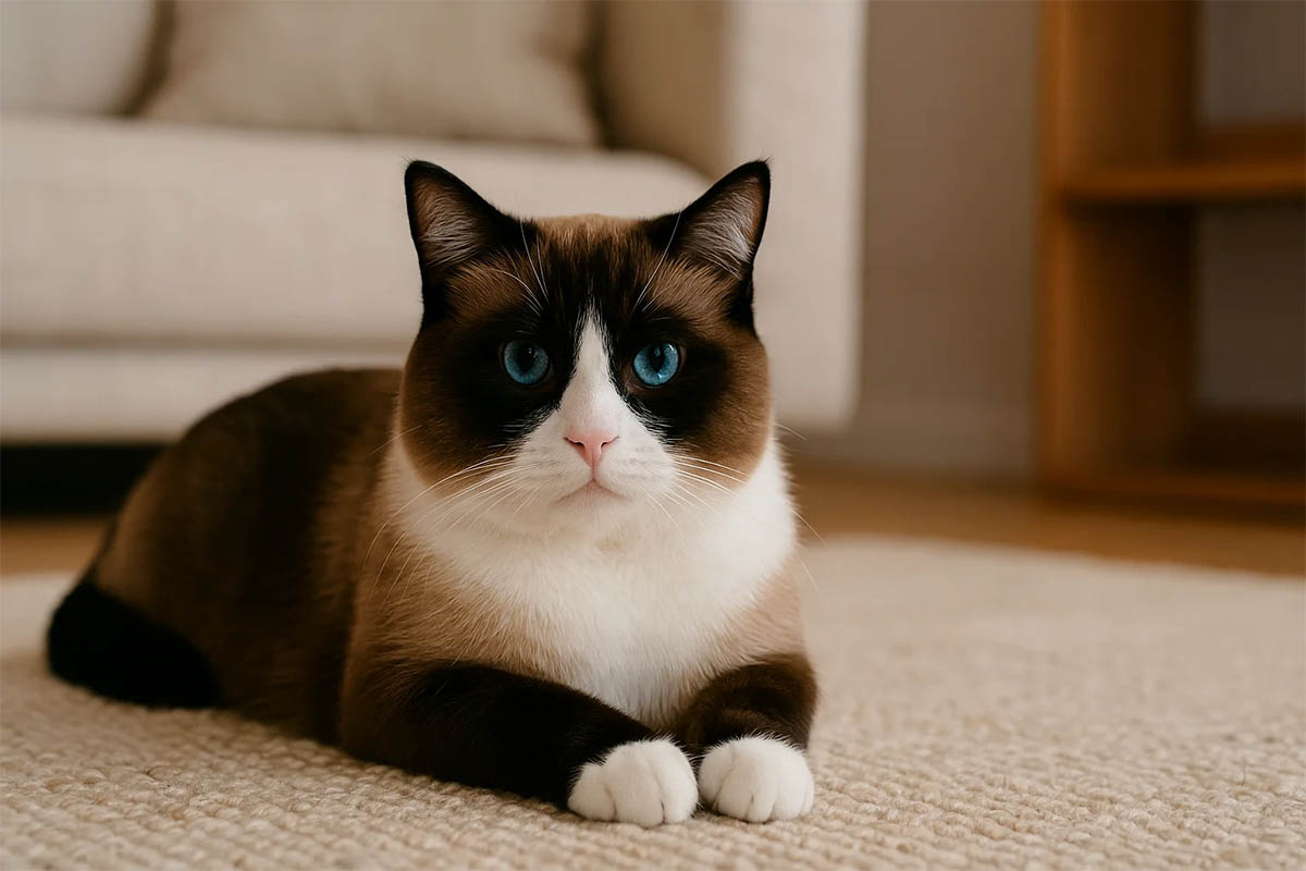 beyaz patili siyama benzer kedi ev ortamında halı üzerinde oturuyor