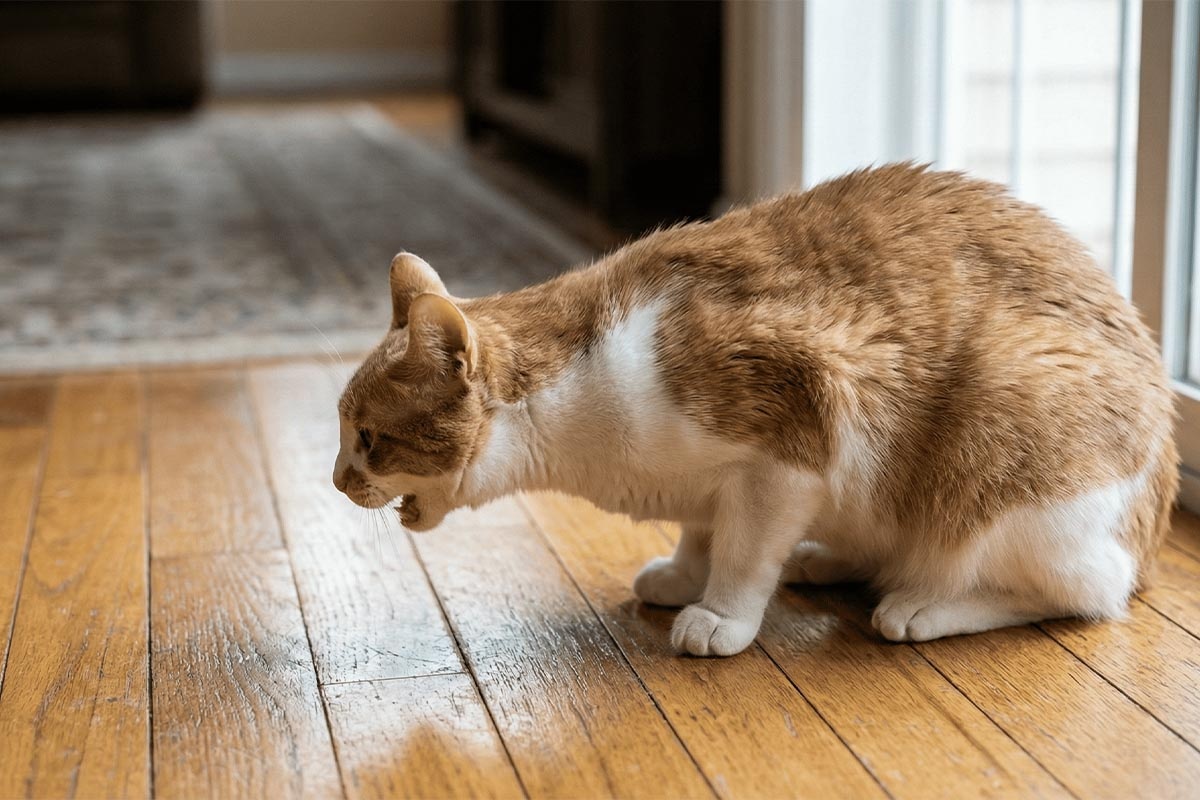 eğilerek parkeye doğru öğüren kedi